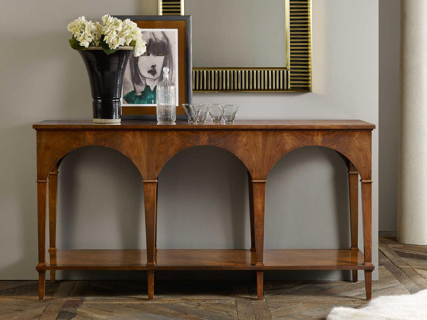 Triple Classical Wood Console Table with Shelf