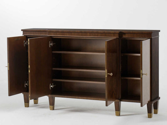 Walnut 62 Inch Breakfront Sideboard with Brass Capped Feet