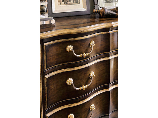 Aria 3-Drawer Mahogany Wood Dresser with Aged Gold Trim
