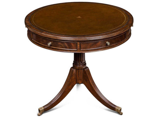 Maitland-Smith Flank Round End Table in Crotch Mahogany Leather and Brass