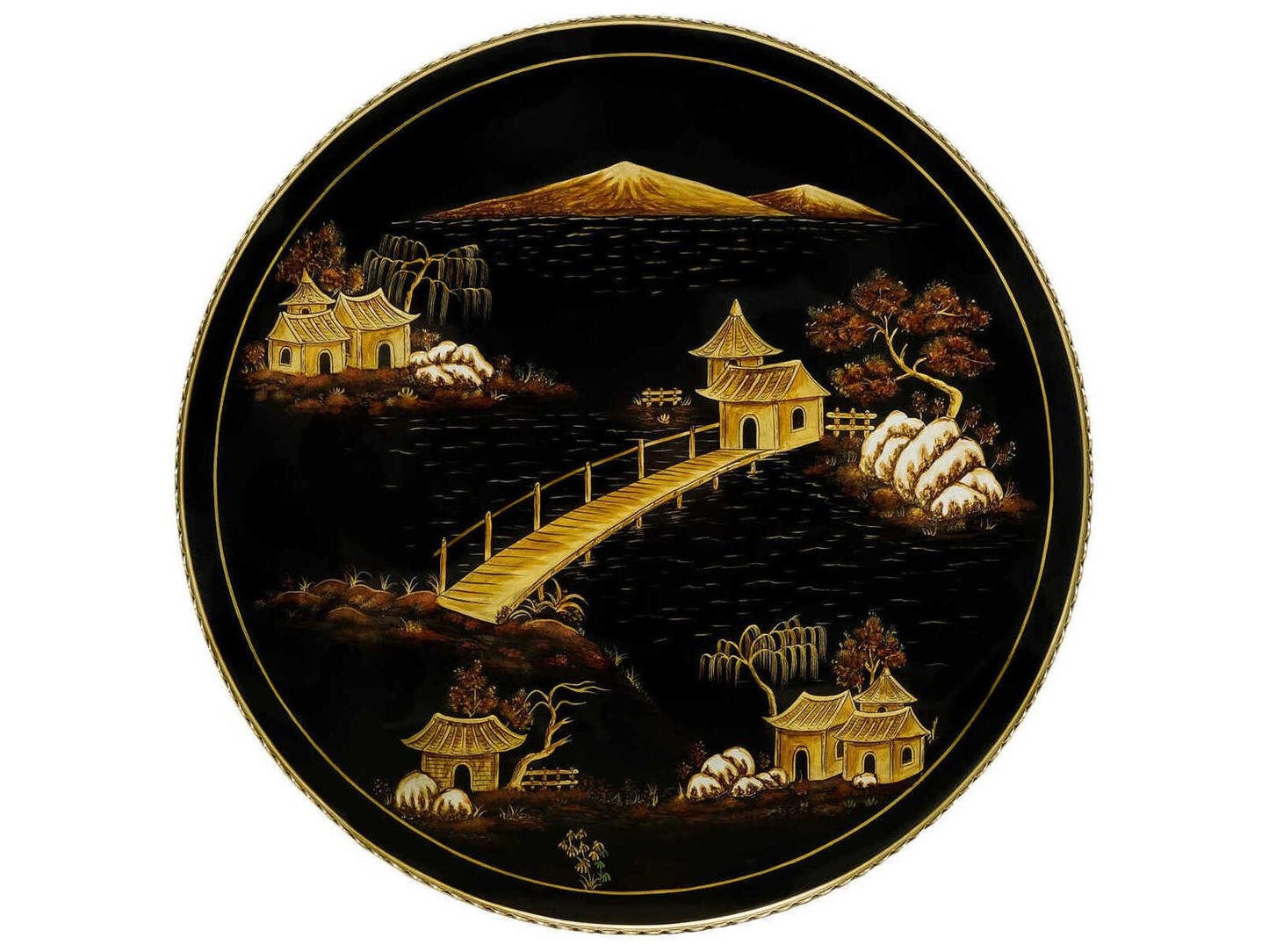 Silk Round Chinoiserie End Table Black Lacquer with Brass Accents