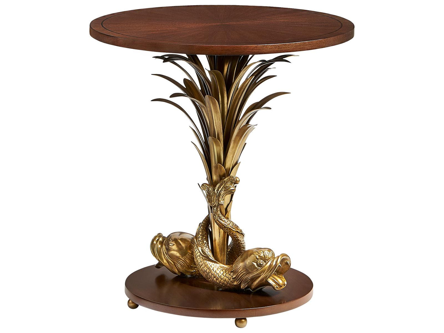 Octavia Round Side Table with Marquetry Inlay and Brass Base