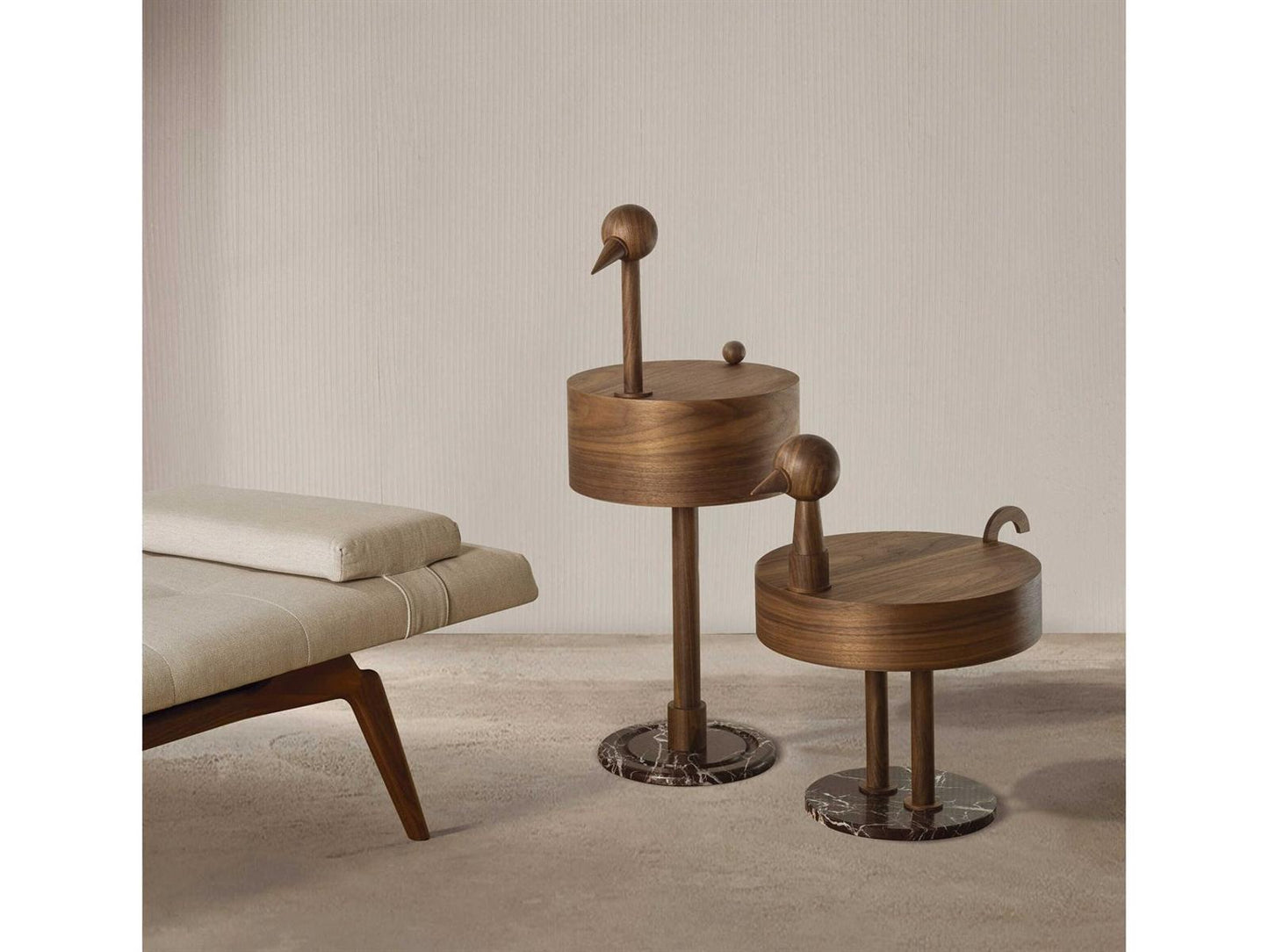 Rara Avis Round Walnut Veneered Wood End Table with Marble Base