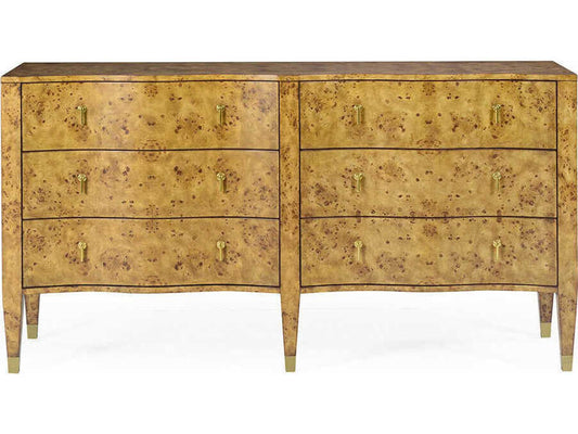 Serpentine 6-Drawer Double Dresser in Rustic Burl with Brass Hardware