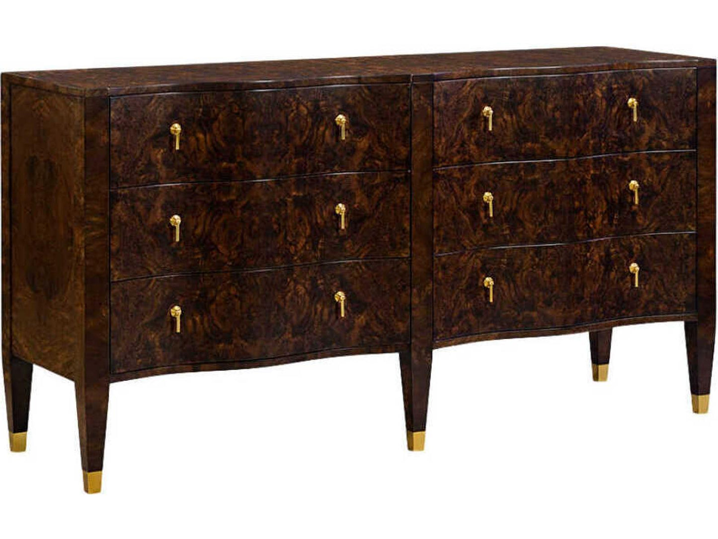 Serpentine 6-Drawer Double Dresser in Walnut Burl with Brass Hardware