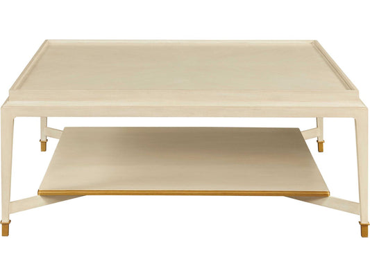 Square Wood Tiered Coffee Table in Linen Paint with Aged Gold Accents