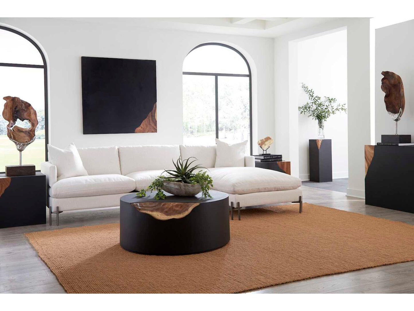 Cornered Round Coffee Table in Black Iron and Natural Chamcha Wood
