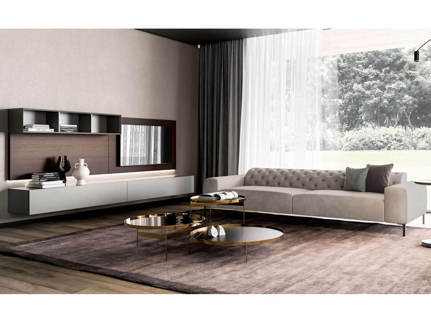 People 118 Inch Media Console in Burnt Oak and Matte Grey