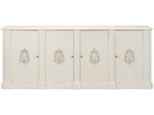 Crested Solid Pine Wall Cabinet with White Finish and Decorative Emblems