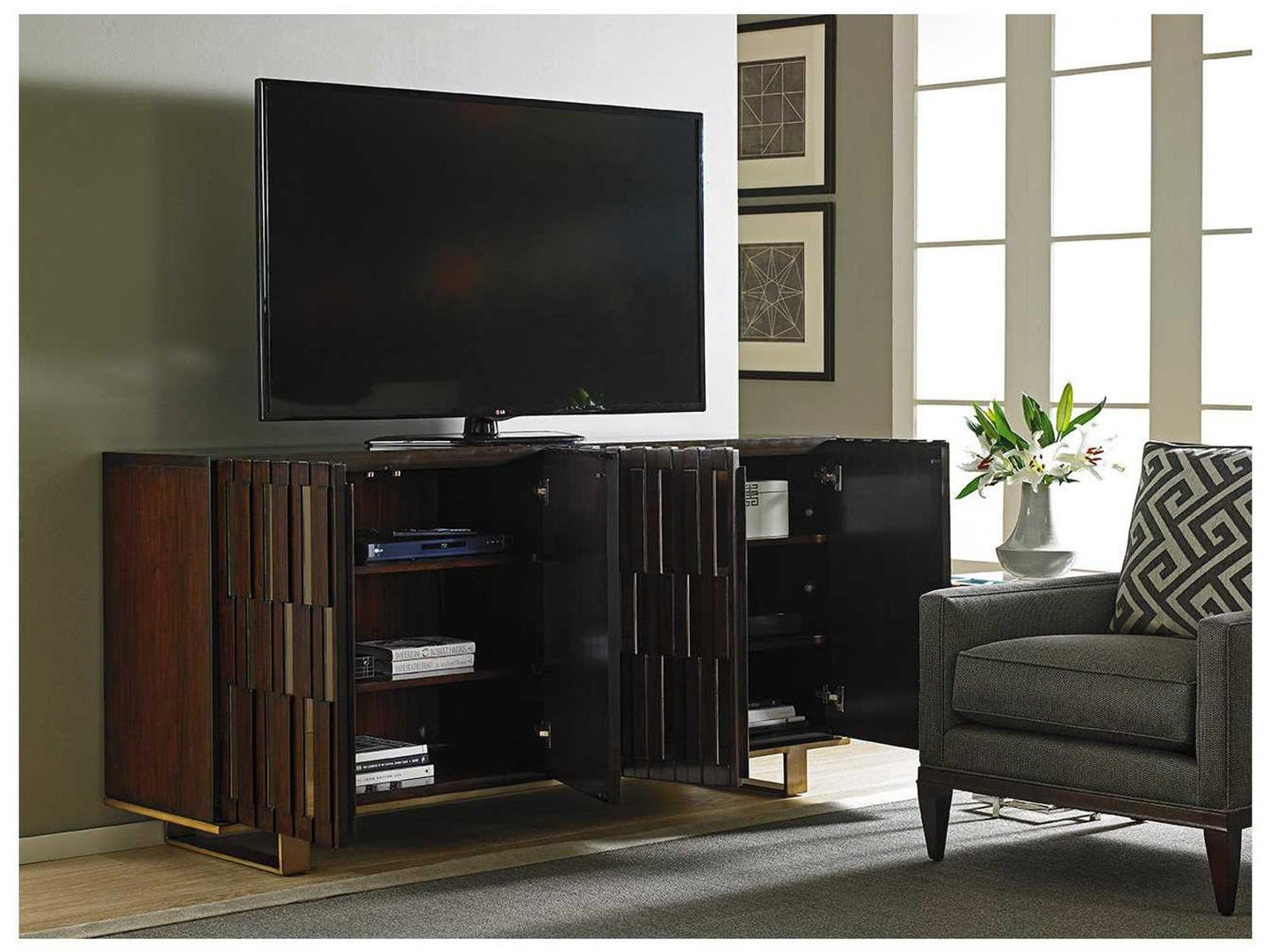Quantum 75-Inch Media Console in Mahogany with Bronze Mirror Accents