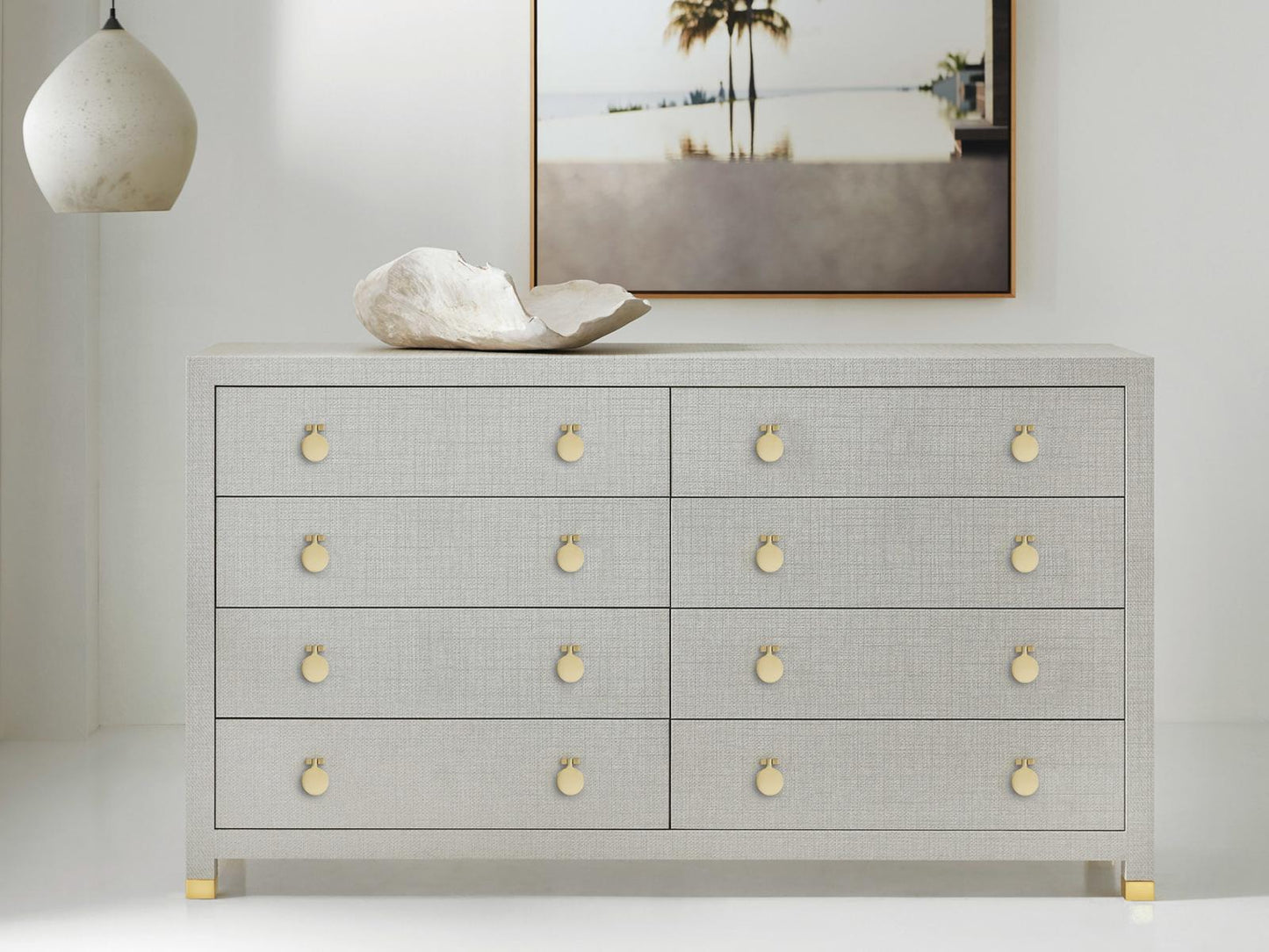 Kona Eight-Drawer Dresser with Gray Oak Finish and Polished Brass Hardware