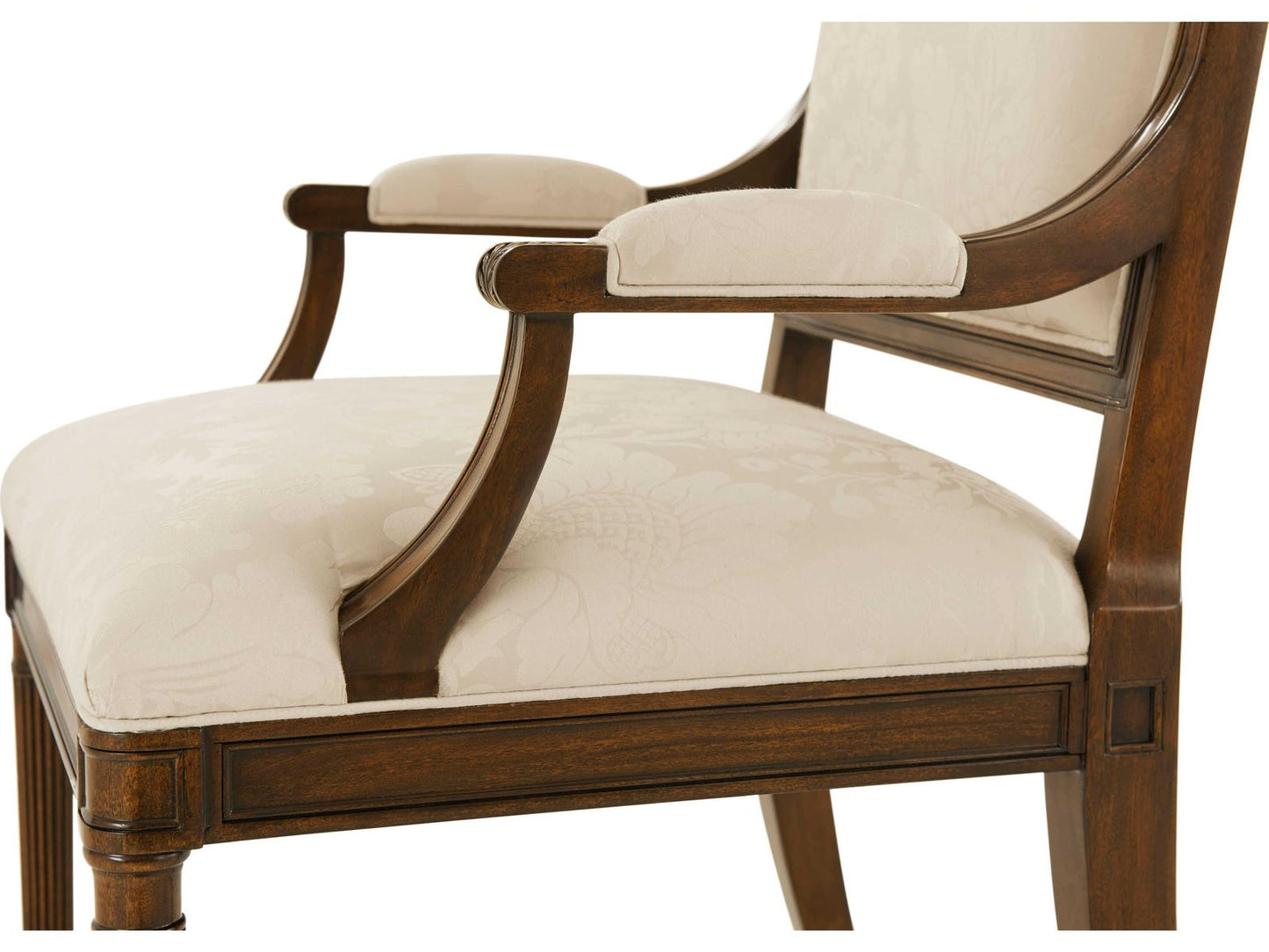 English Cabinet Maker Mahogany Wood Beige Upholstered Arm Dining Chair