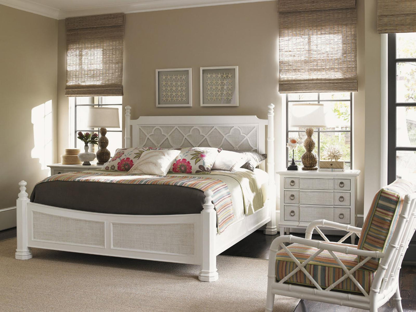 Ivory Key Southampton King Poster Bed in White Wood and Raffia