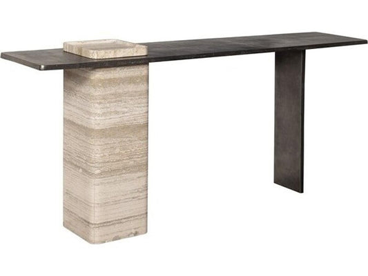 Flynn Rectangle Stone Console Table in Charcoal Aluminum and Travertine