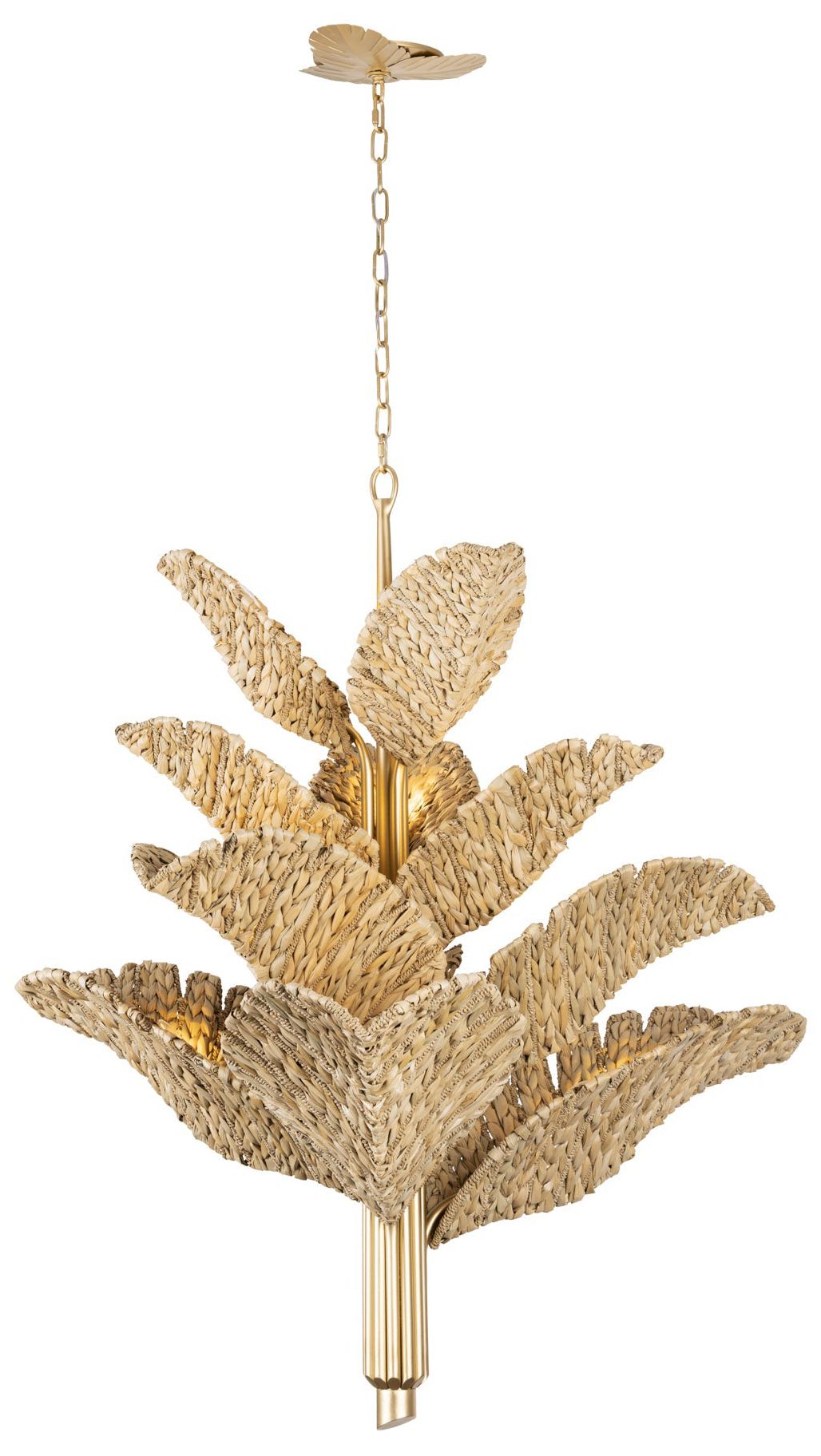 Banana Leaf 12-Lt Chandelier - French Gold/Natural Seagrass
