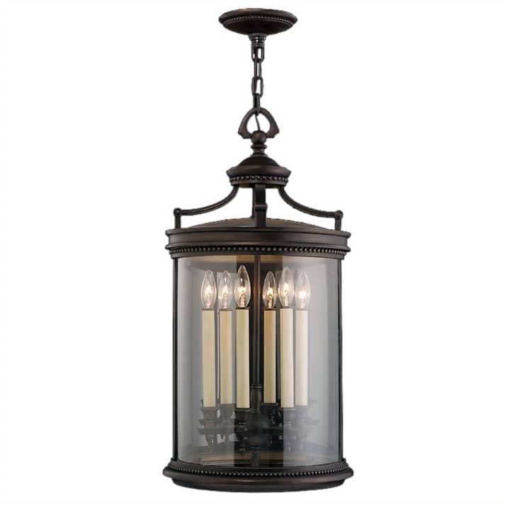 Louvre Six-Light Outdoor Pendant with Antiqued Candles and Clear Blown Glass Shade