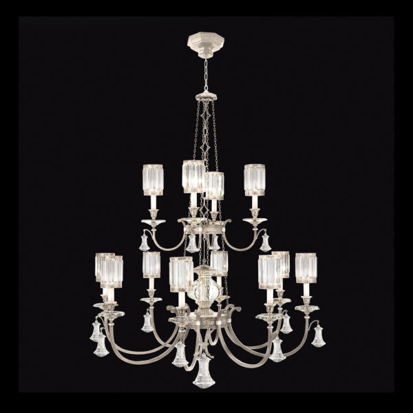 Eaton Place Silver Twelve-Light Two-Tier Chandelier with Channel-Set Crystal Diffusers and Crystal Accents
