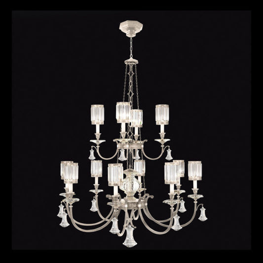 Eaton Place Silver Twelve-Light Two-Tier Chandelier with Channel-Set Crystal Diffusers and Crystal Accents