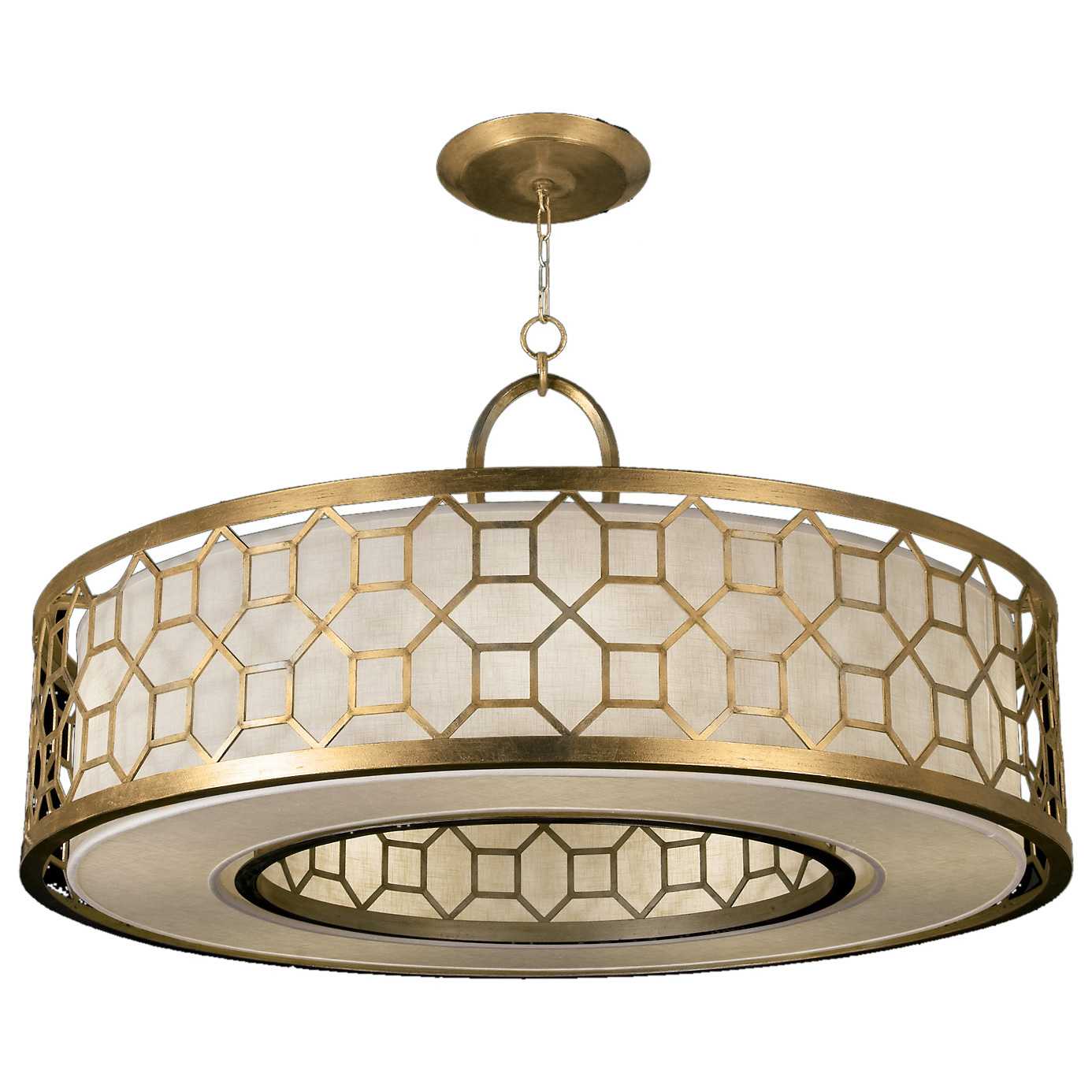 Allegretto Gold 48" Diameter Five-Light Drum Pendant with White Textured Linen Shade