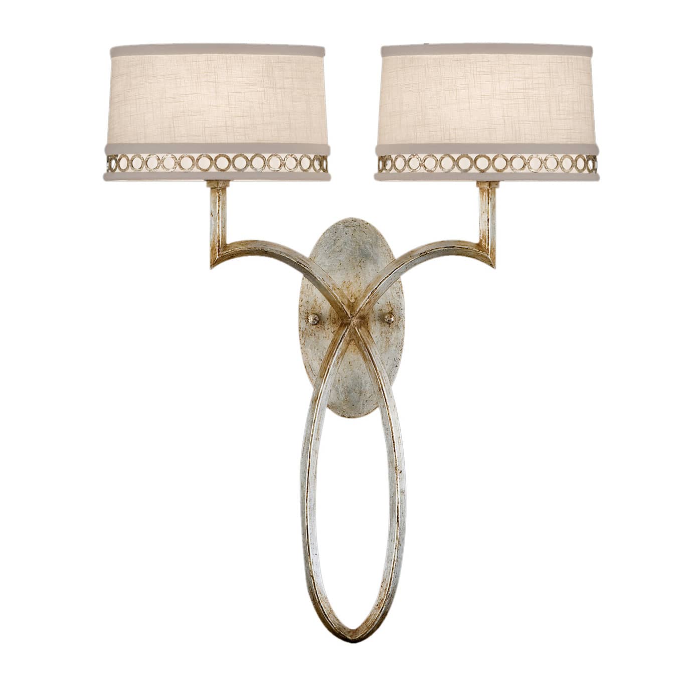 Allegretto Silver Two-Light Wall Sconce with White Textured Linen Shades