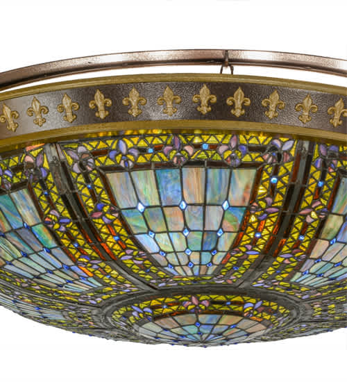 Fleur-de-lis 8 Light 45" Wide Semi-Flush Stained Art Glass Bowl Ceiling Fixture - Copper Vein Finish