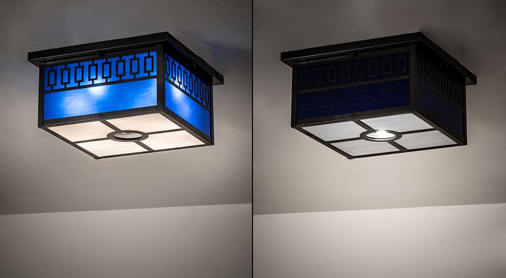 Kungsholm 4 Light 26" Wide Flush Mount Square Ceiling Fixture with Blue Glass Shade - Craftsman Brown Finish