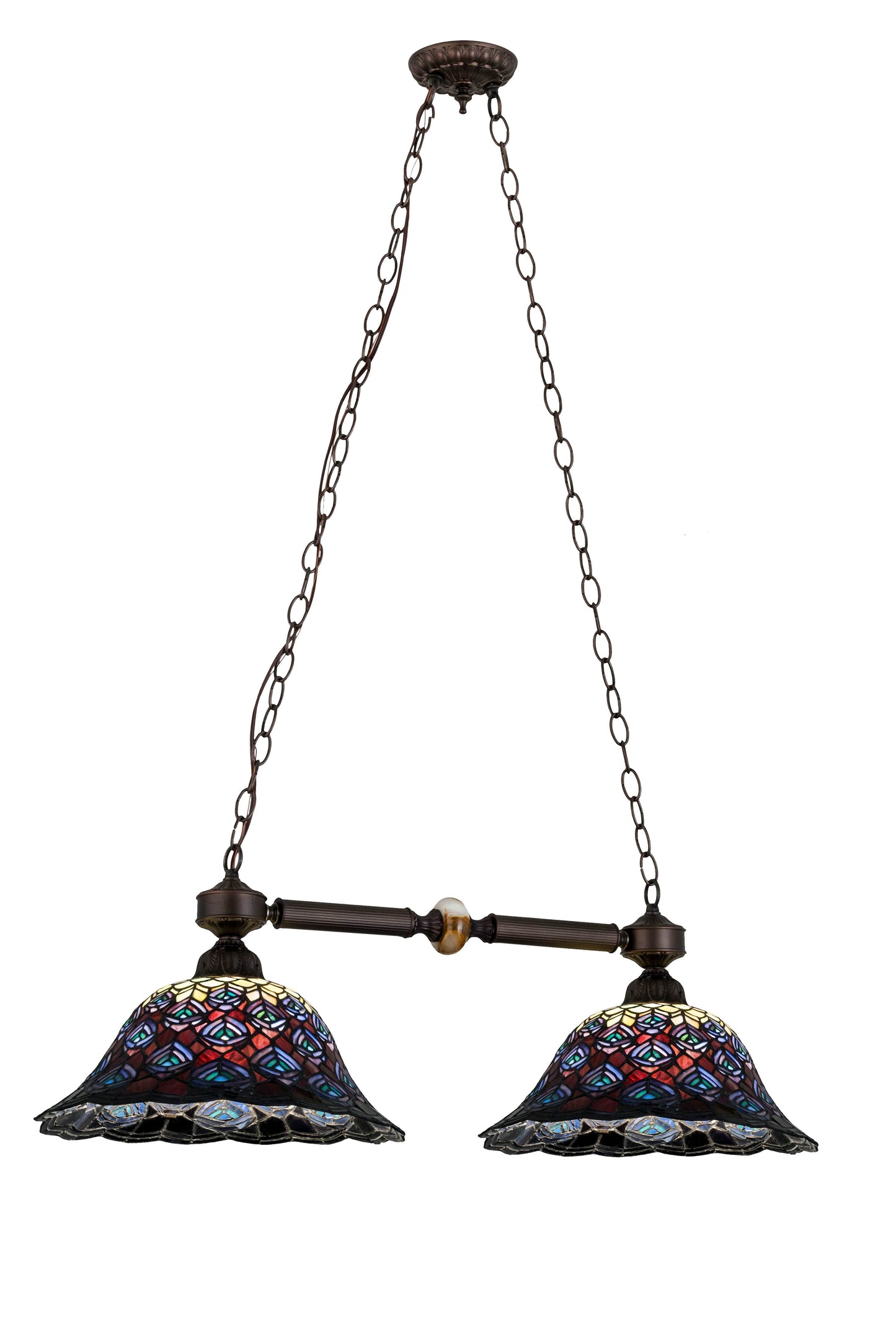 Tiffany Peacock Feather 2 Light 24" Wide Linear Chandelier with Tiffany Glass Shade