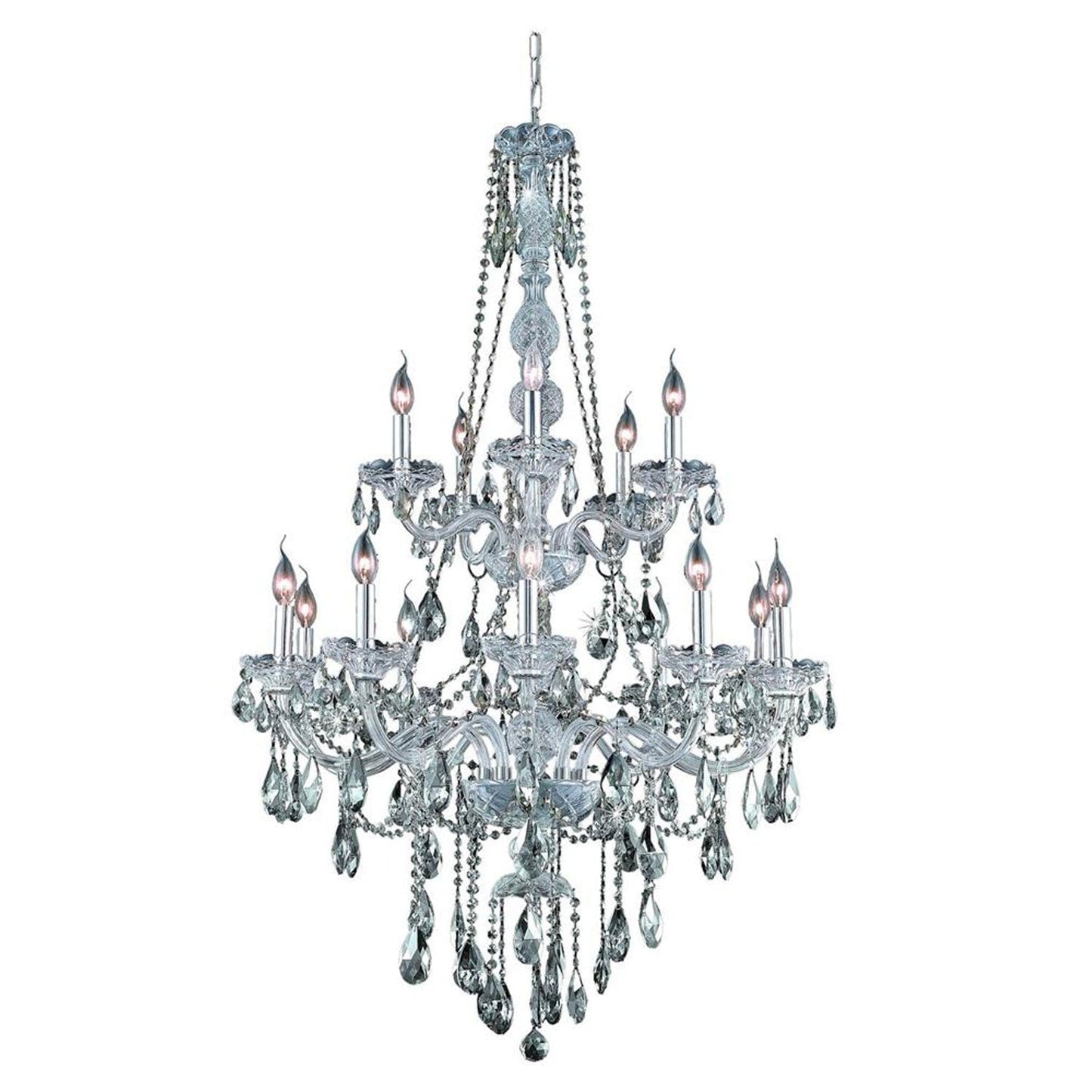Chrome Fifteen-Light Chandelier with Golden Teak/Smoky Royal Cut Crystals