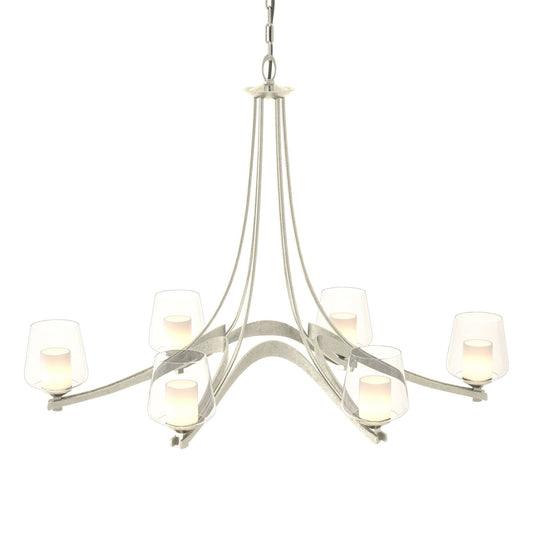Oval Ribbon Clear Glass 6 Arm Chandelier 6-Light Clear Glass with Opal Diffuser (ZU) in Sterling