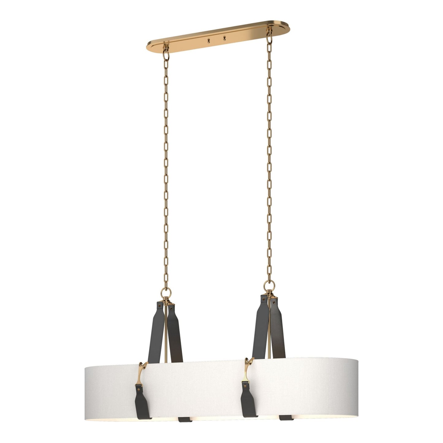 Saratoga Oval Pendant 4-Light Black Leather Natural Anna Shade (SF) in Antique Brass