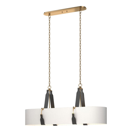 Saratoga Oval Pendant 4-Light Black Leather Natural Anna Shade (SF) in Antique Brass