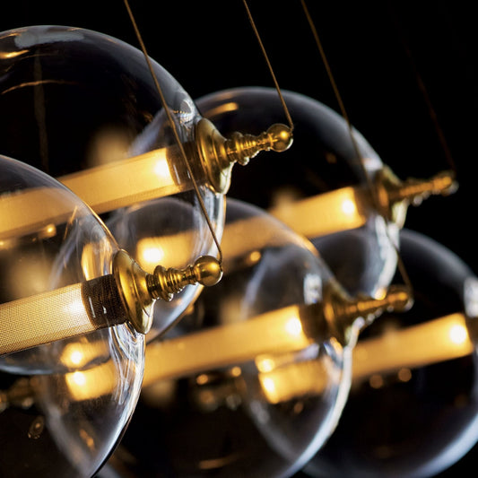 Otto Sphere 5 Light Pendant 10-Light Clear Glass with Stainless Steel Mesh Tube (YT) in Black with Brass Accents