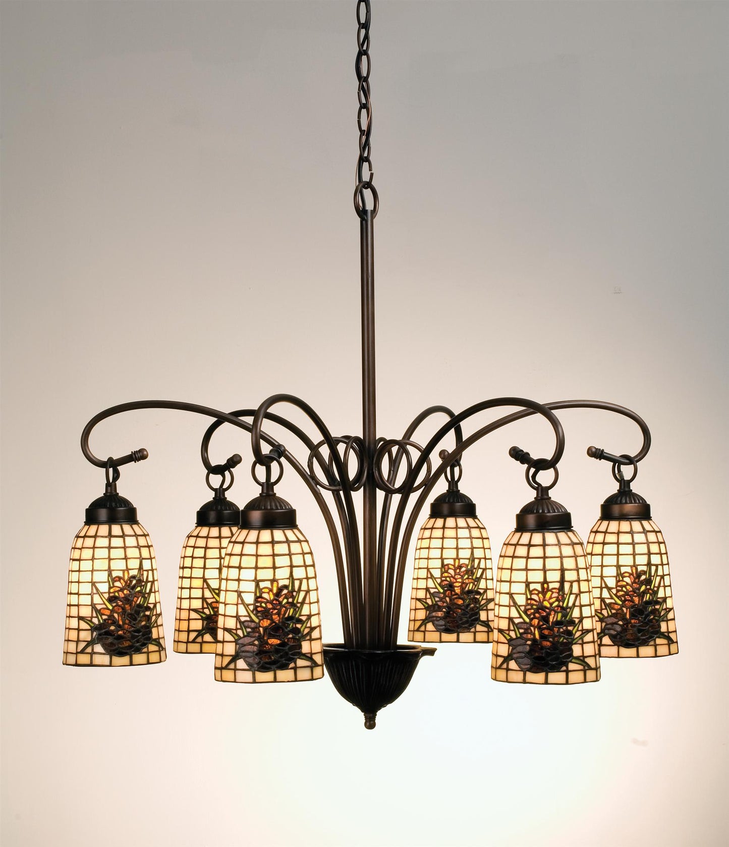 Stained Glass / Tiffany 6 Light Down Lighting Chandelier from the Pinecones Collection