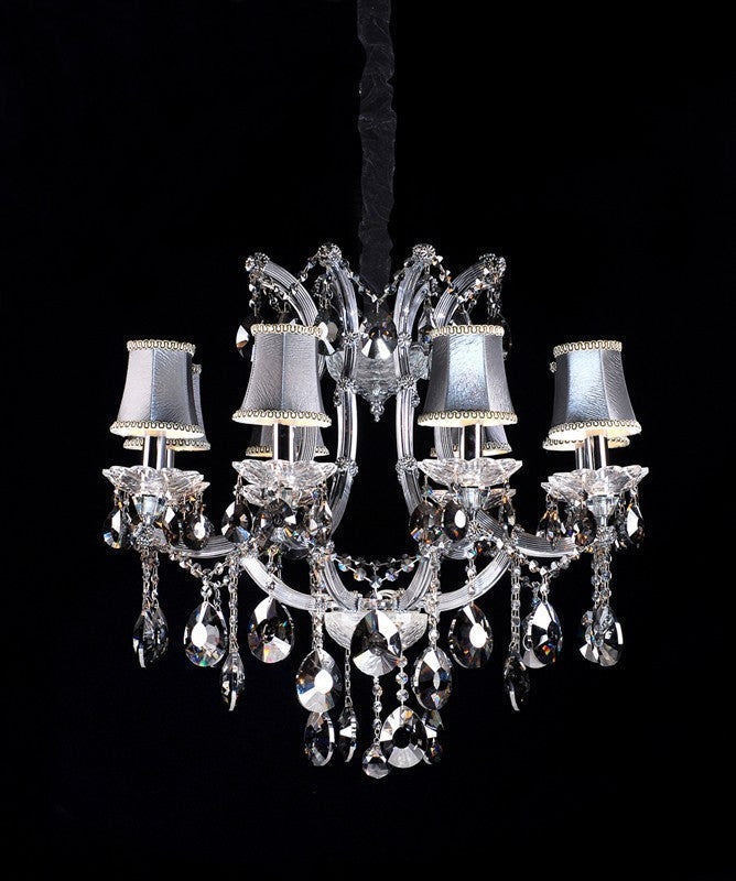 Polished chrome traditional crystal Chandelier dressed with silver lampshades