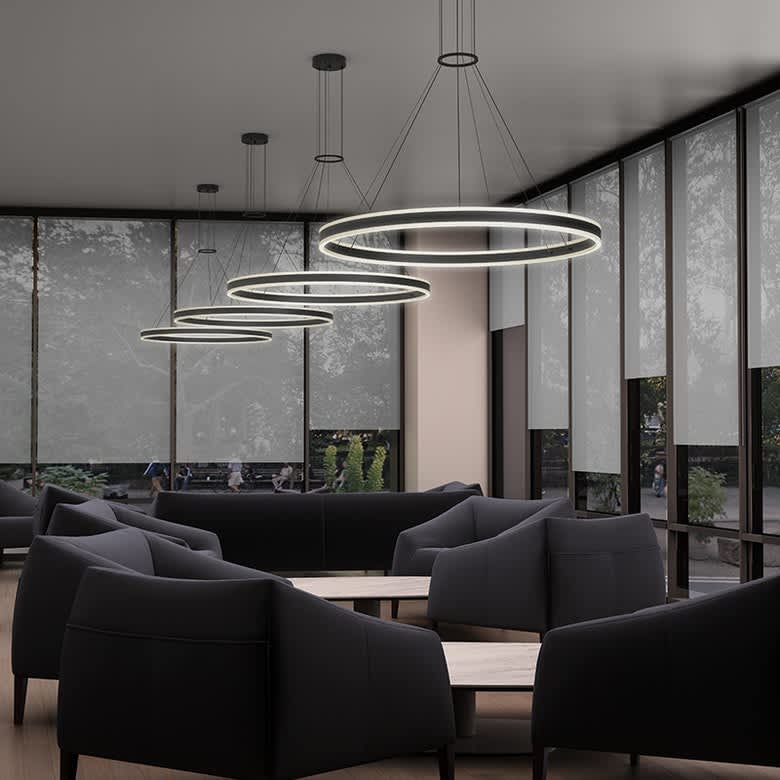 Double Corona 59" Wide Integrated LED Ring Chandelier with Acrylic Shades