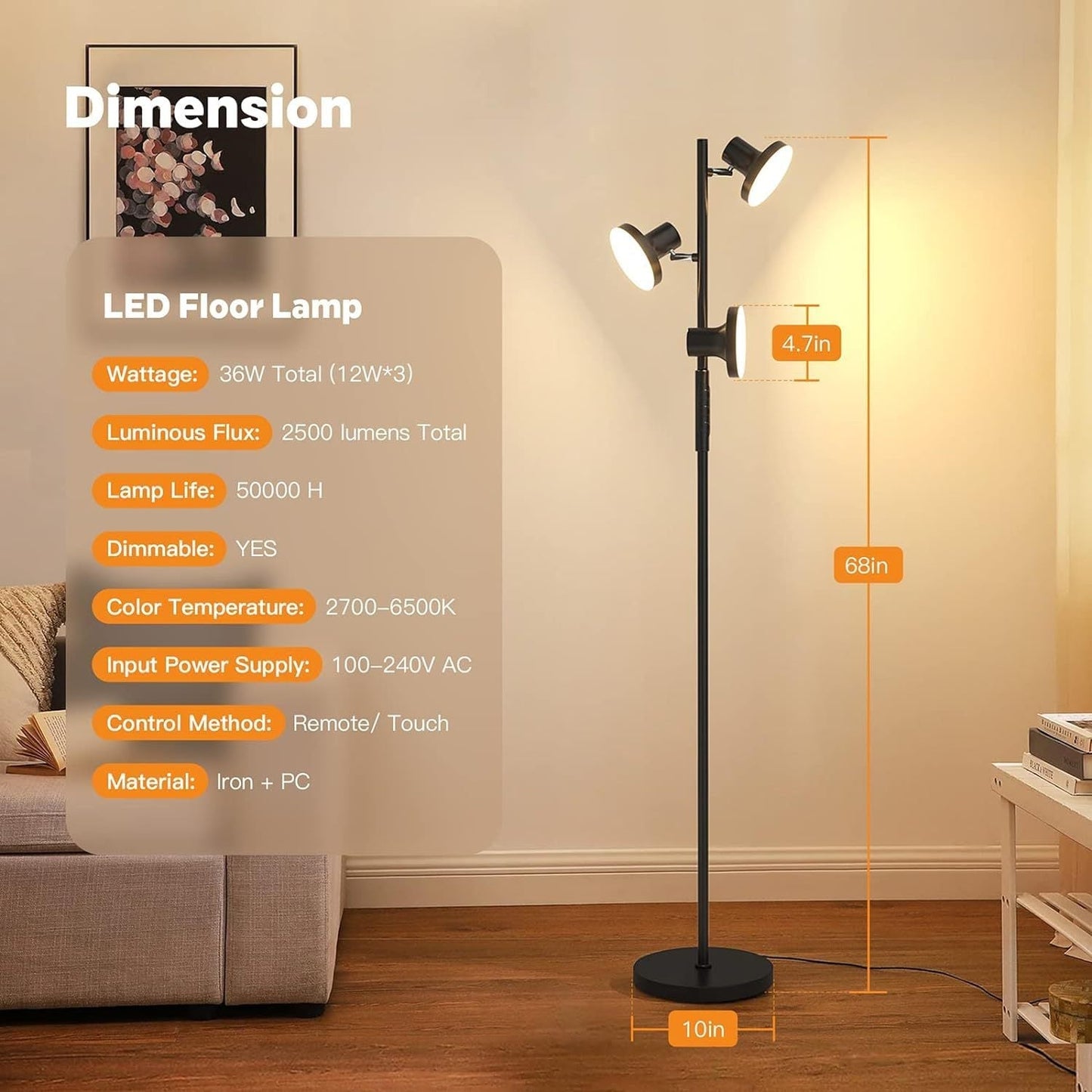 Adjustable LED Floor Lamp Rotatable with Remote for Living Room, Bedroom & Study
