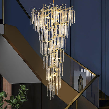 Modern Ice Strip Crystal Tree Branch Staircase Chandelier 95"