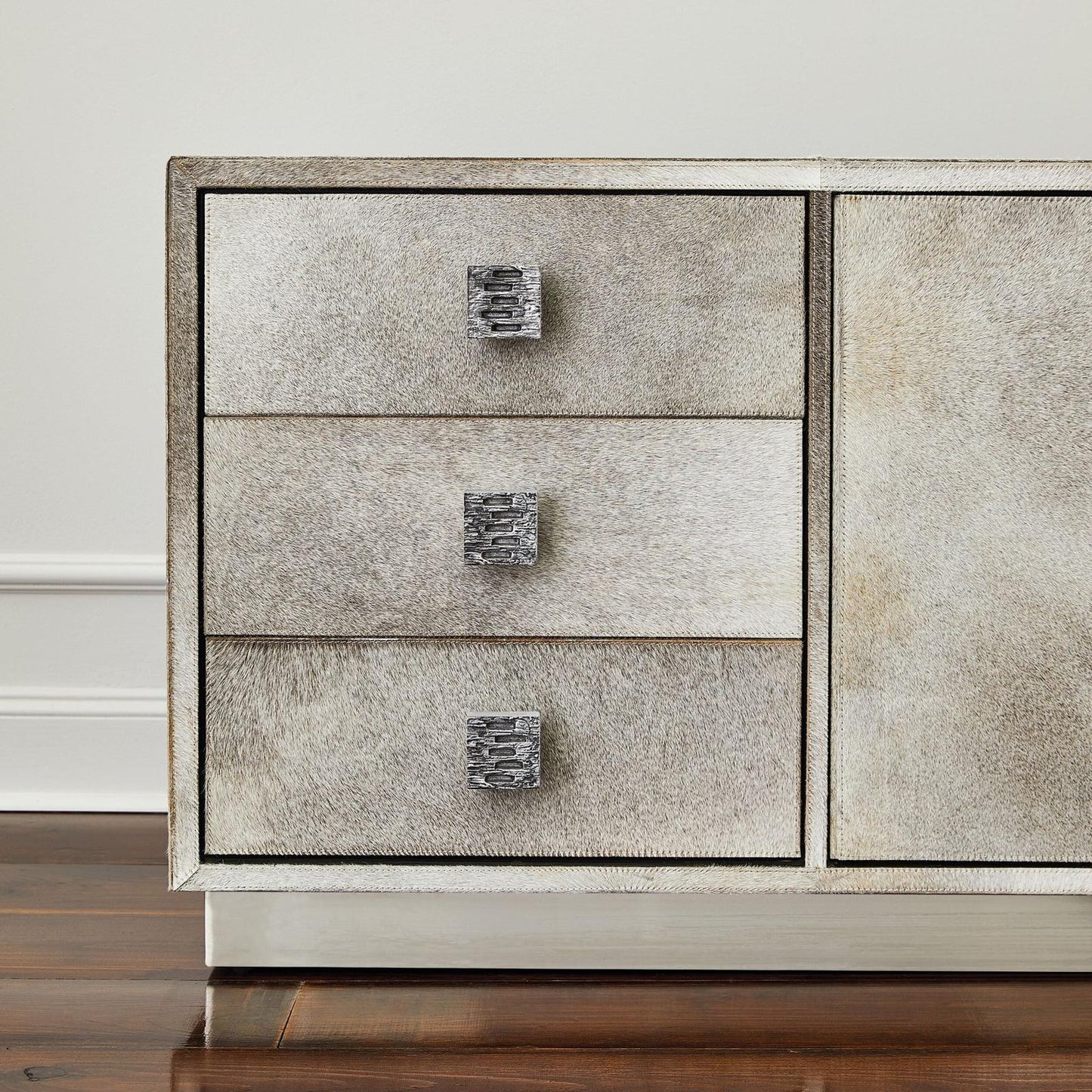 Global Views Metro Long Gray Hair on Hide Cabinet