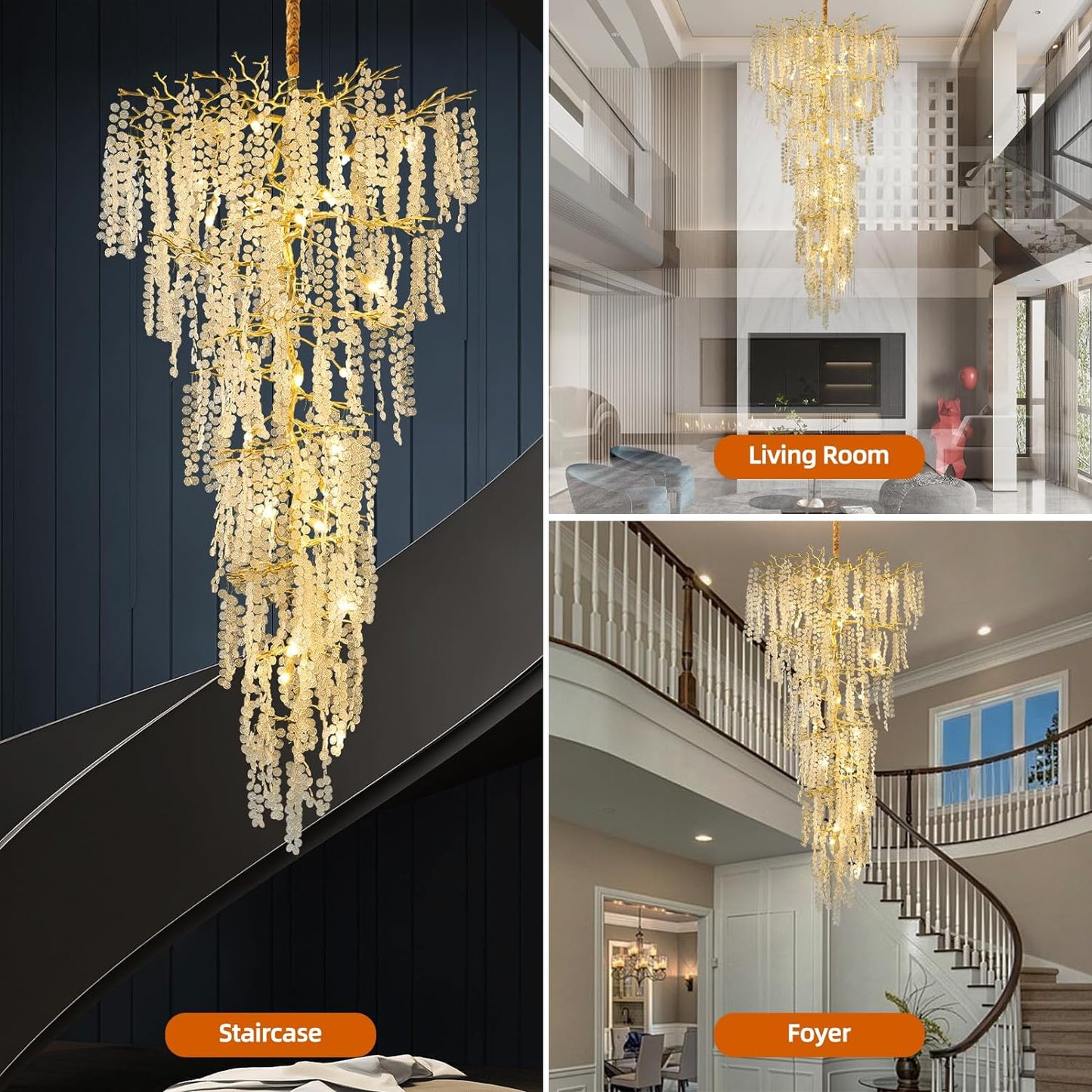 Modern Coin Type Modern Crystal Tree Branch Staircase Chandelier 95"