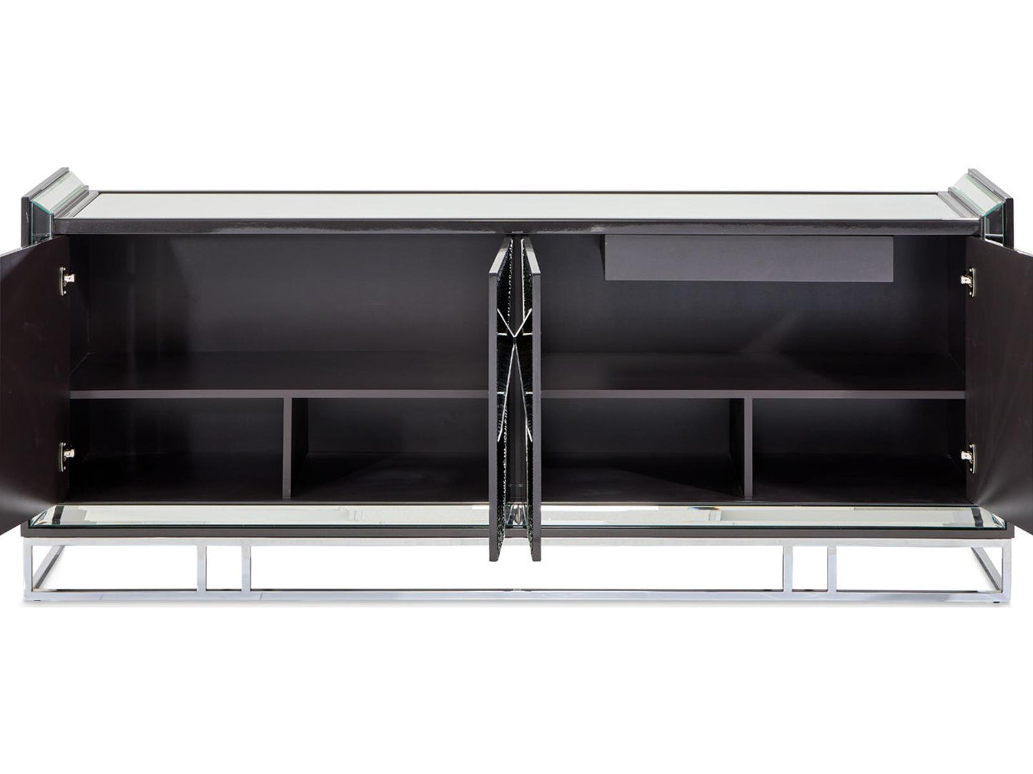 Carmela Mirrored Console Table Glossy Charcoal Sand Modern Glam