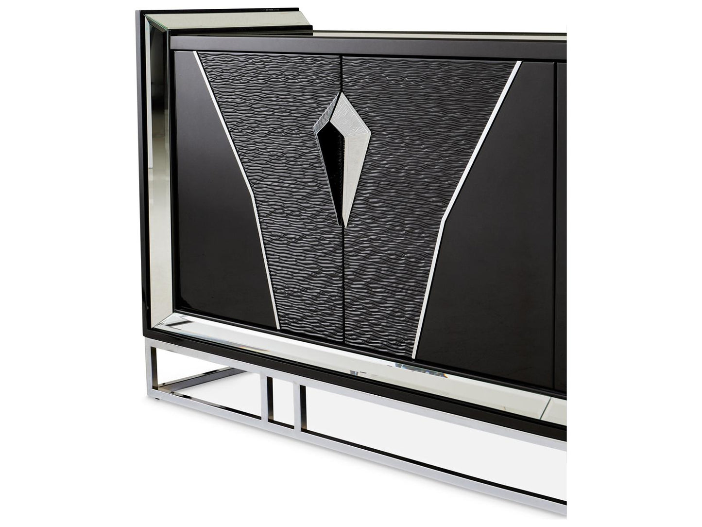 Carmela Mirrored Console Table Glossy Charcoal Sand Modern Glam