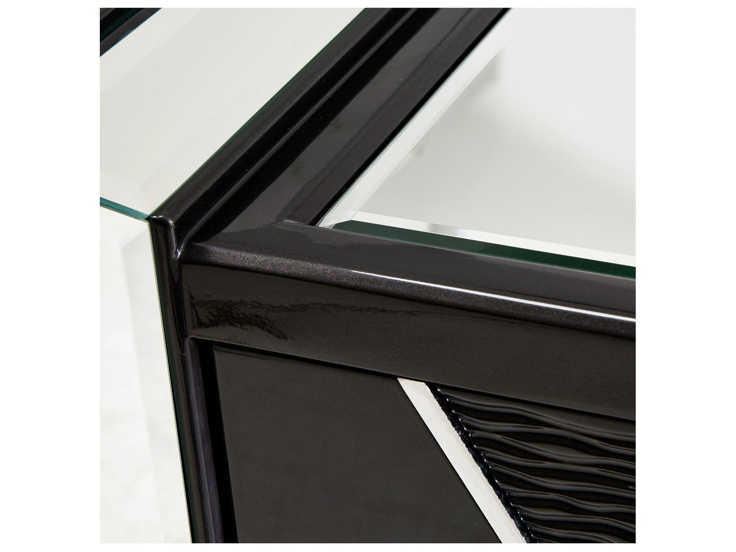 Carmela Mirrored Console Table Glossy Charcoal Sand Modern Glam
