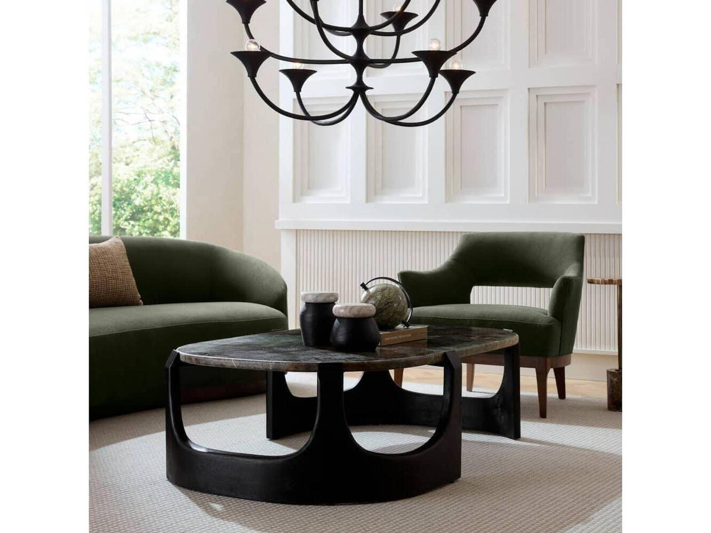Lorena Oval Coffee Table in Natural Jungle Marble and Ebony