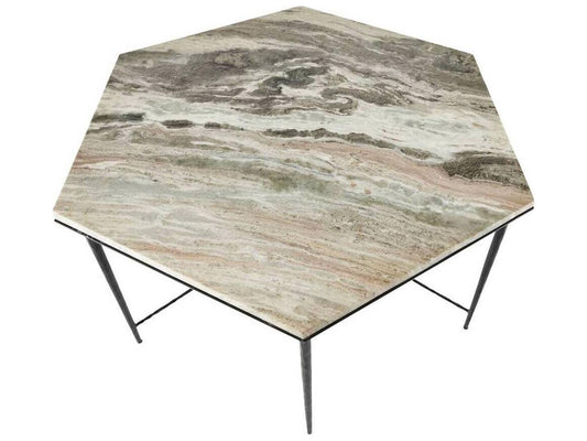 Estrella Hexagon Dining Table in Toronto Leathered Marble and Blackened Iron