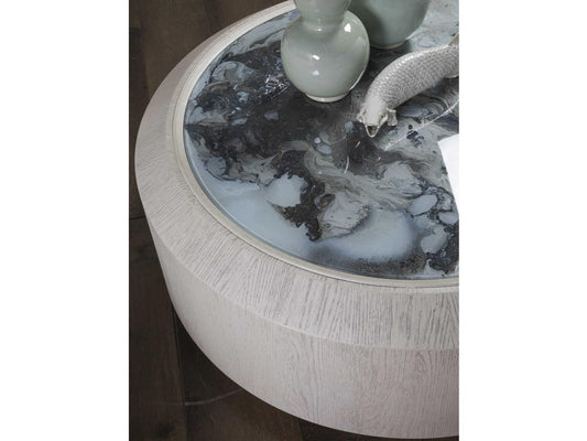 Metaphor Round Coffee Table in Sandblasted Wood with Eglomise Glass