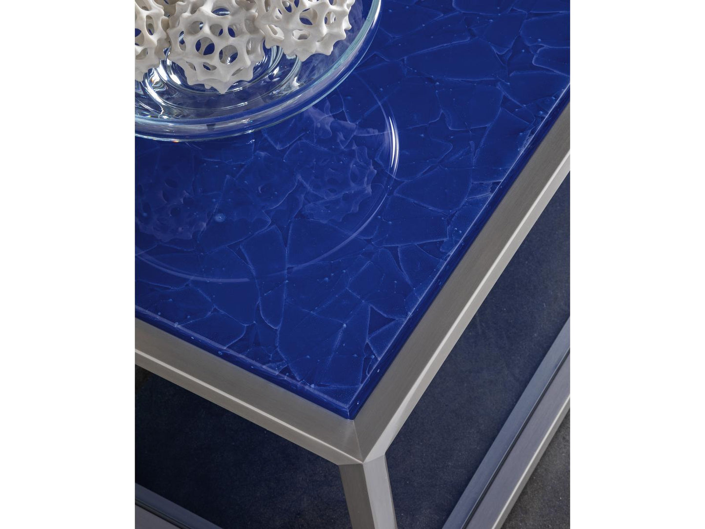 Home Ultramarine Rectangular Coffee Table in Blue Glass and Brushed Stainless