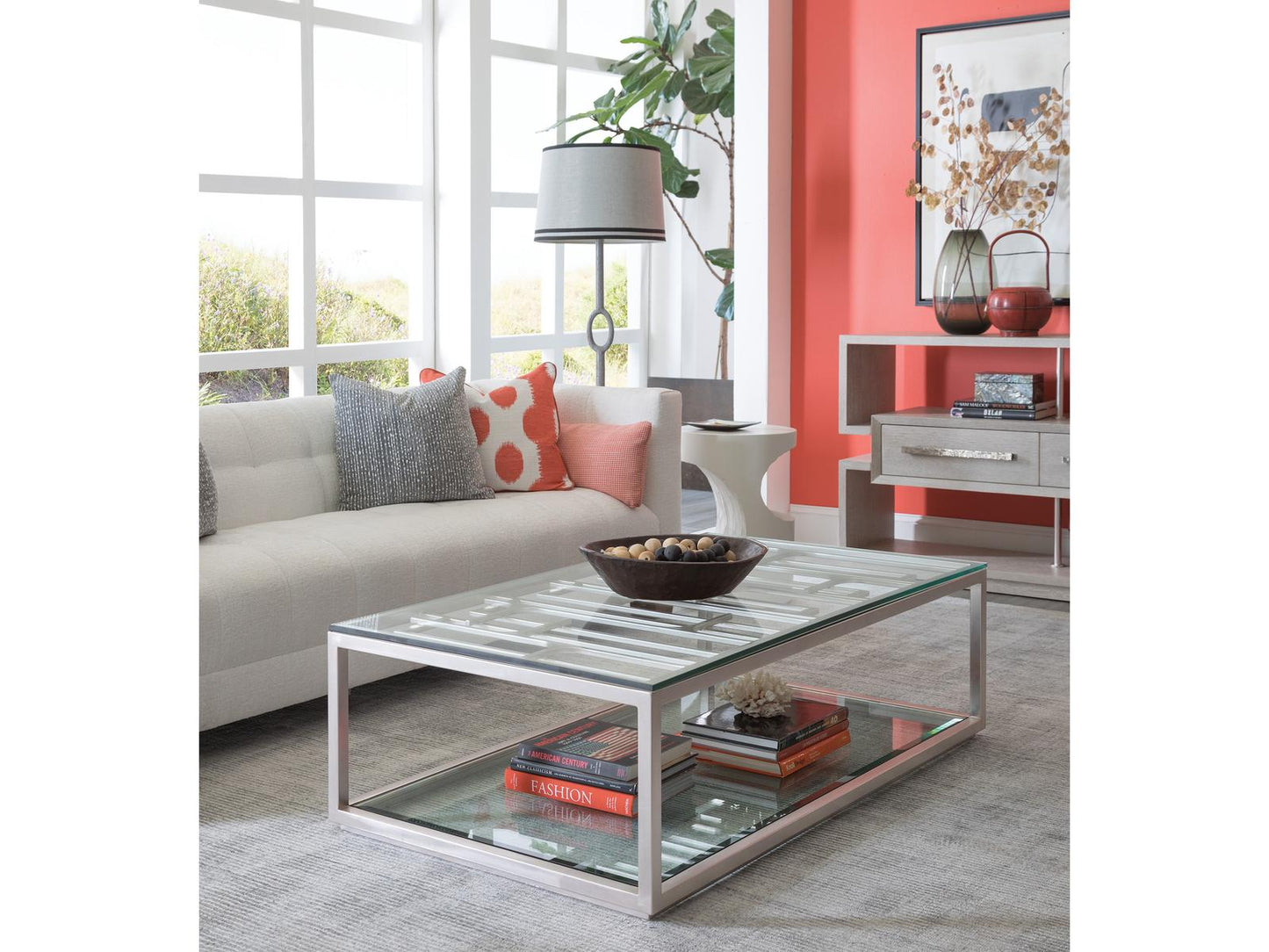 Home Mar Monte Grate Rectangle Coffee Table in Silver Leaf and Glass