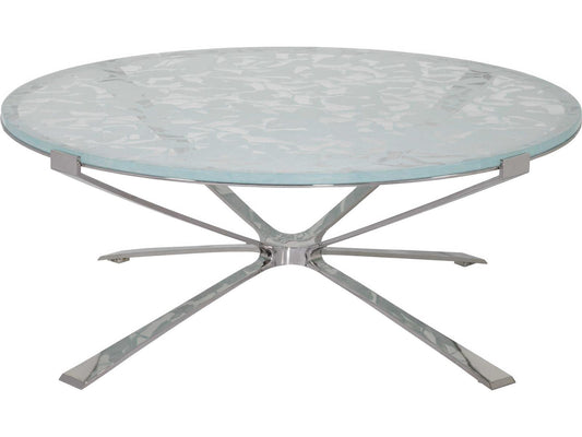 Signature Designs Snowscape Round Glass Coffee Table with Polished Stainless Steel Base