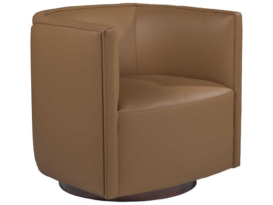 Home Ingrid Leather Swivel Accent Chair with Wood Base in Brown