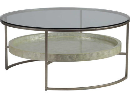 Home Cumulus Capiz Round Coffee Table with Glass Top and Champagne Finish